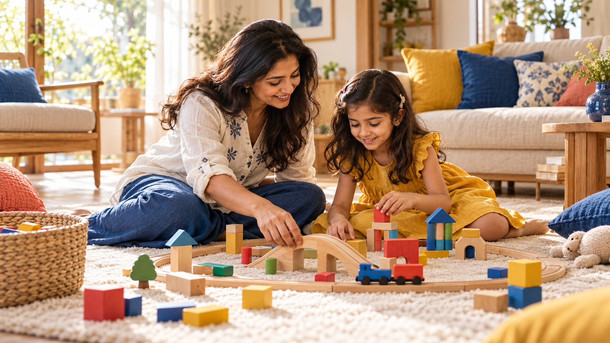 A mother and daughter sharing a playful moment with a toy railway